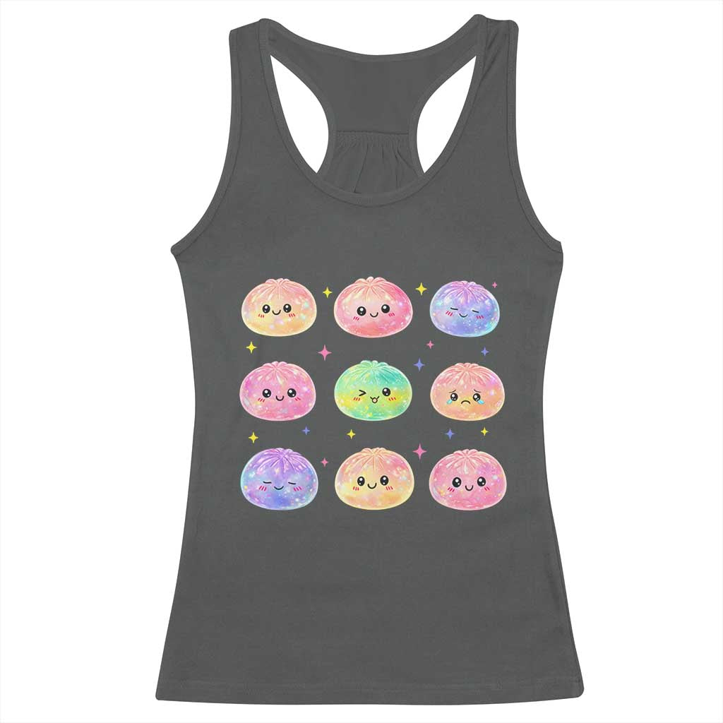 Kawaii Glitter Dumpling Face Grid Graphic Racerback Tank Top Cute Pastel Bao Emoji Expressions