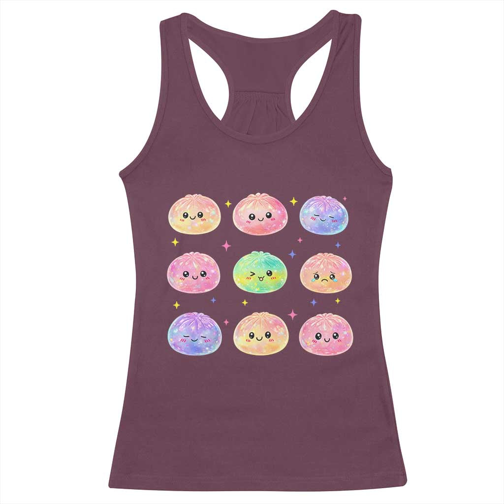 Kawaii Glitter Dumpling Face Grid Graphic Racerback Tank Top Cute Pastel Bao Emoji Expressions