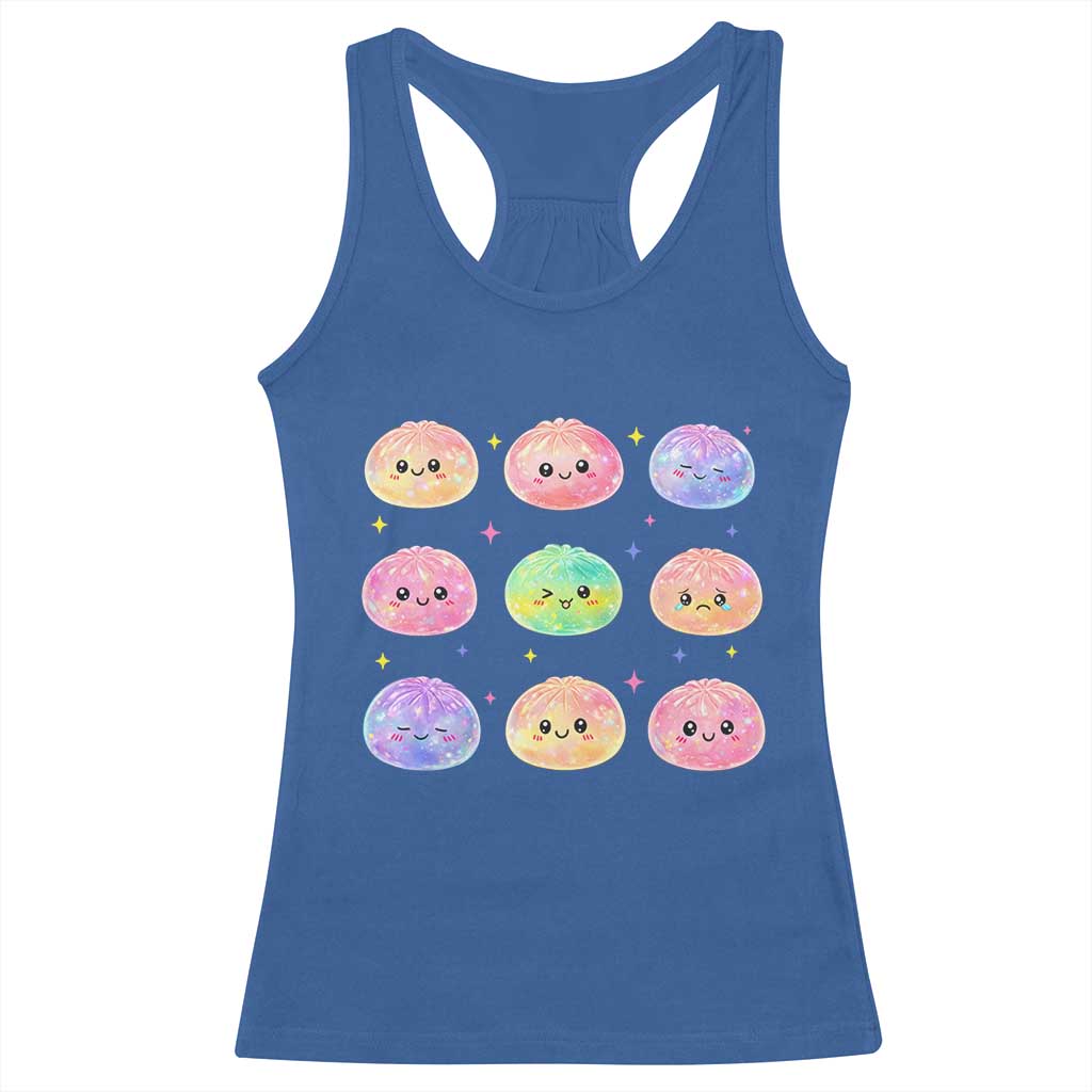 Kawaii Glitter Dumpling Face Grid Graphic Racerback Tank Top Cute Pastel Bao Emoji Expressions