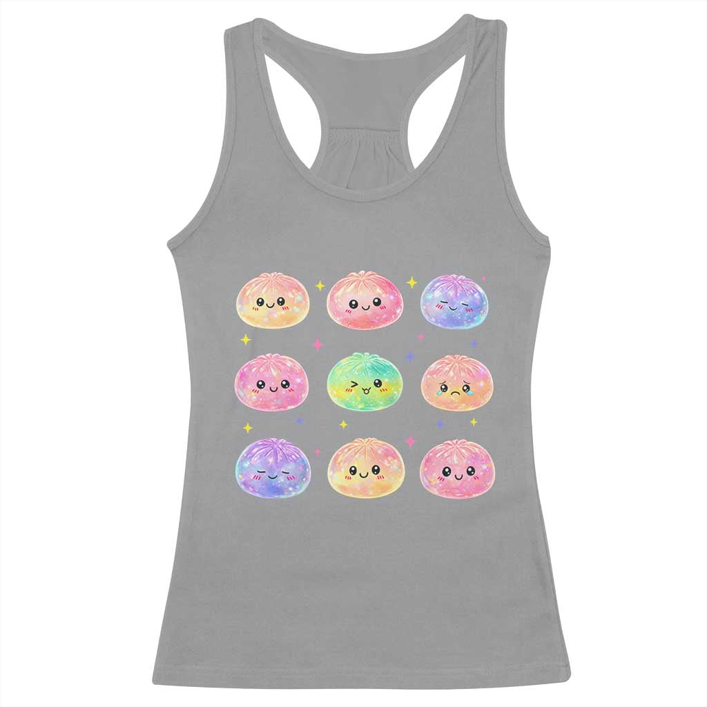 Kawaii Glitter Dumpling Face Grid Graphic Racerback Tank Top Cute Pastel Bao Emoji Expressions
