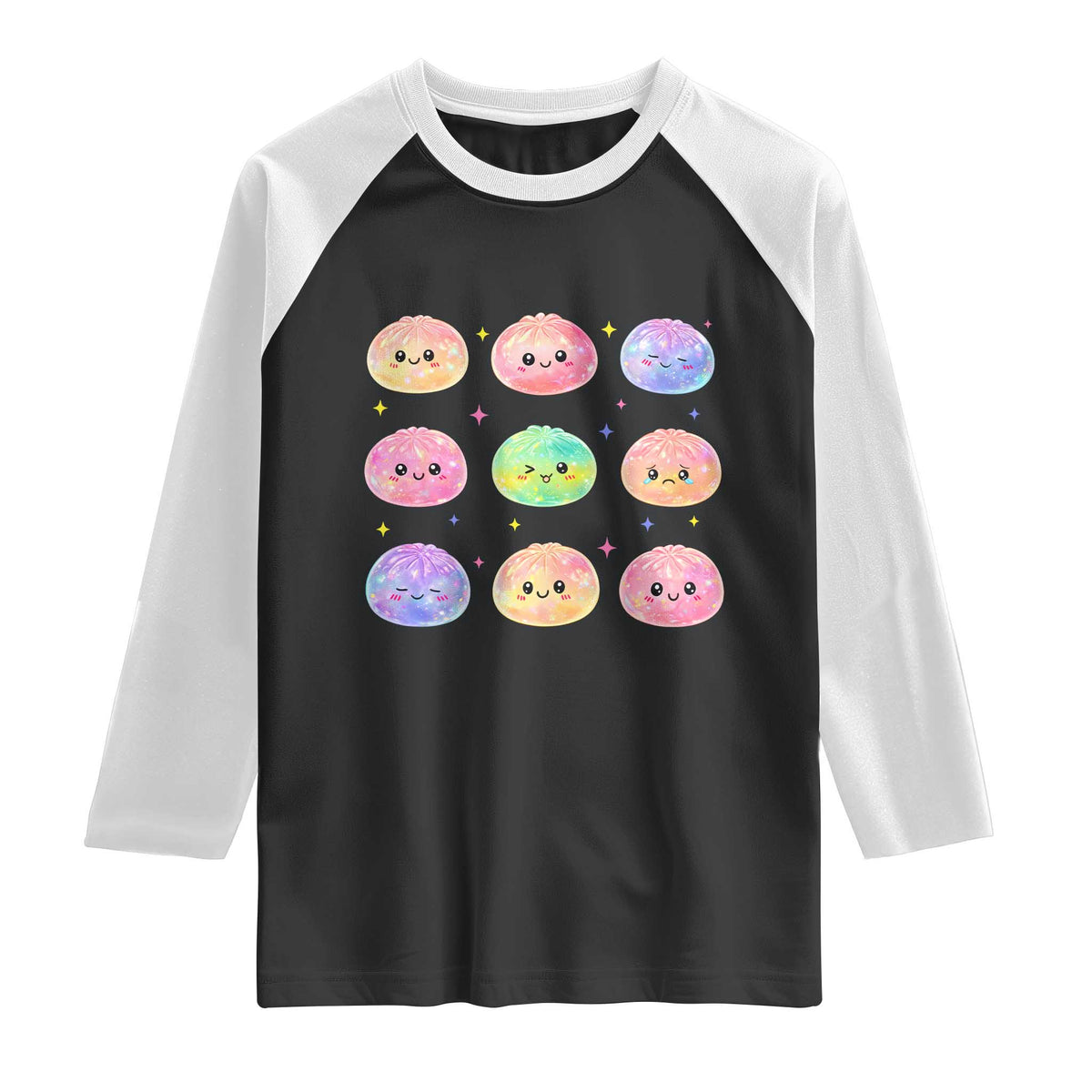 Kawaii Glitter Dumpling Face Grid Graphic Raglan Shirt Cute Pastel Bao Emoji Expressions