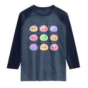 Kawaii Glitter Dumpling Face Grid Graphic Raglan Shirt Cute Pastel Bao Emoji Expressions