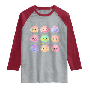Kawaii Glitter Dumpling Face Grid Graphic Raglan Shirt Cute Pastel Bao Emoji Expressions