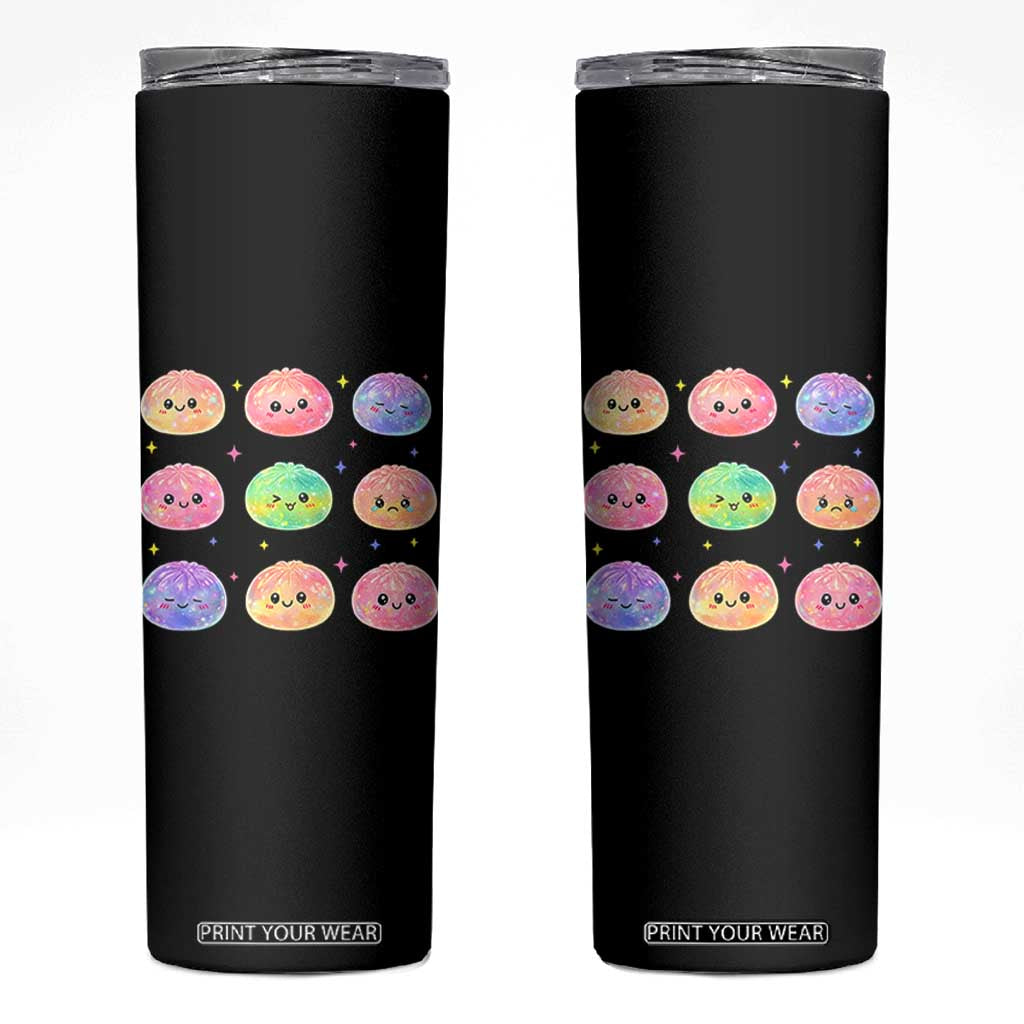 Kawaii Glitter Dumpling Face Grid Graphic Skinny Tumbler Cute Pastel Bao Emoji Expressions