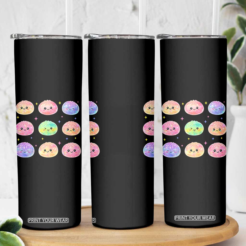 Kawaii Glitter Dumpling Face Grid Graphic Skinny Tumbler Cute Pastel Bao Emoji Expressions
