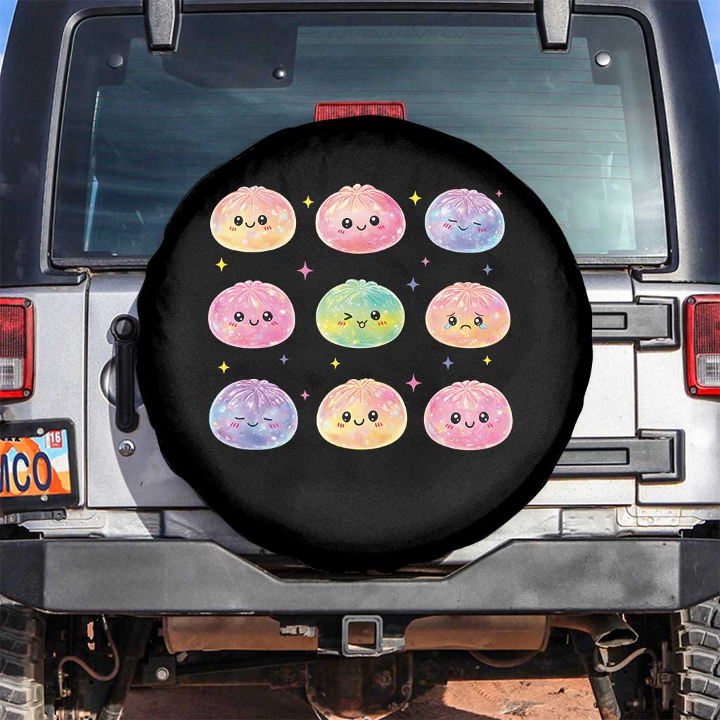 Kawaii Glitter Dumpling Face Grid Graphic Spare Tire Cover Cute Pastel Bao Emoji Expressions