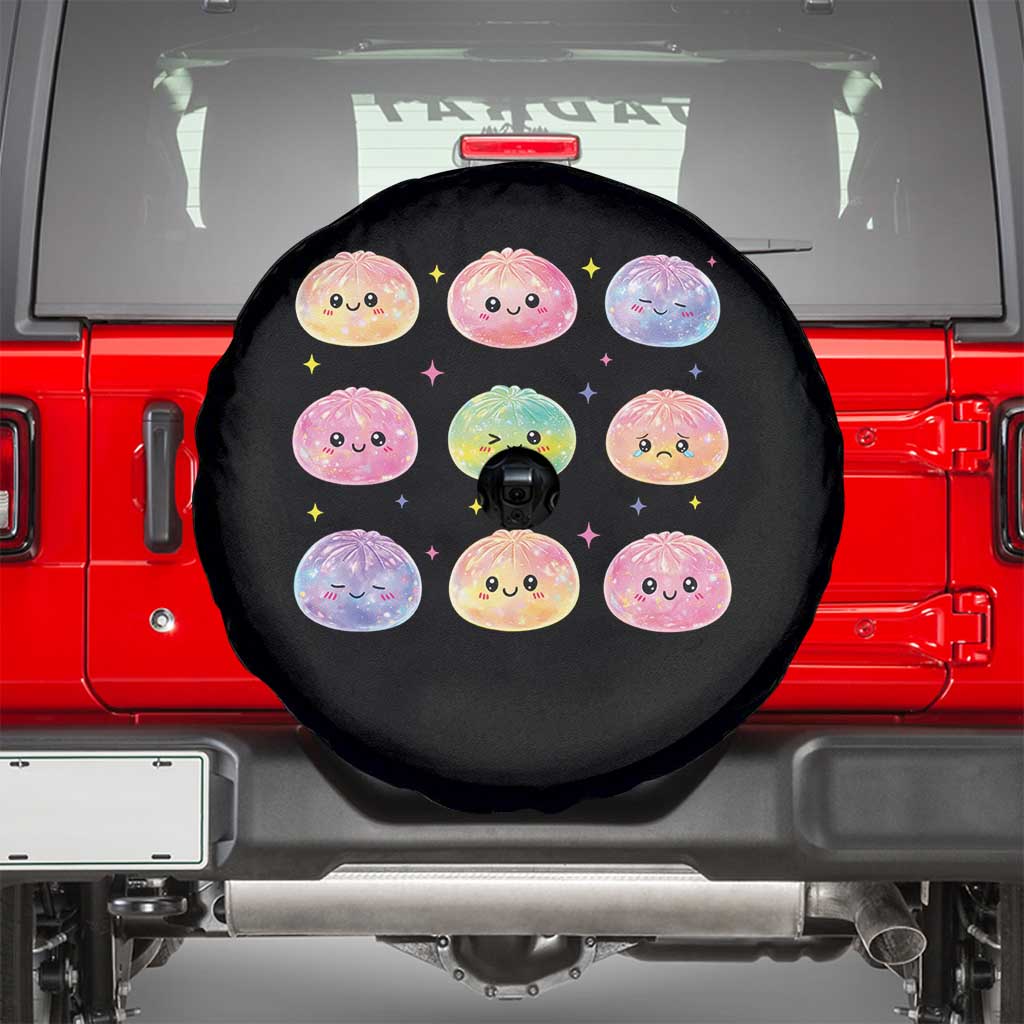 Kawaii Glitter Dumpling Face Grid Graphic Spare Tire Cover Cute Pastel Bao Emoji Expressions
