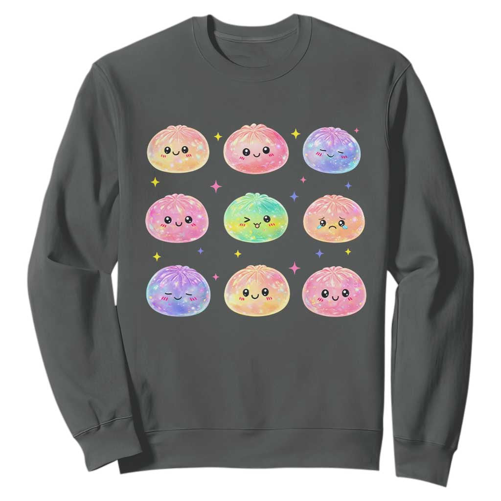 Kawaii Glitter Dumpling Face Grid Graphic Sweatshirt Cute Pastel Bao Emoji Expressions