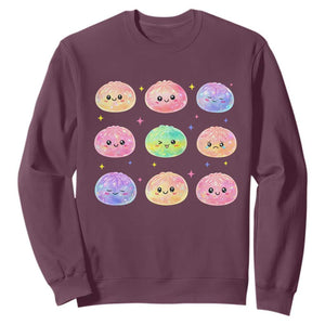 Kawaii Glitter Dumpling Face Grid Graphic Sweatshirt Cute Pastel Bao Emoji Expressions