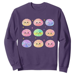 Kawaii Glitter Dumpling Face Grid Graphic Sweatshirt Cute Pastel Bao Emoji Expressions