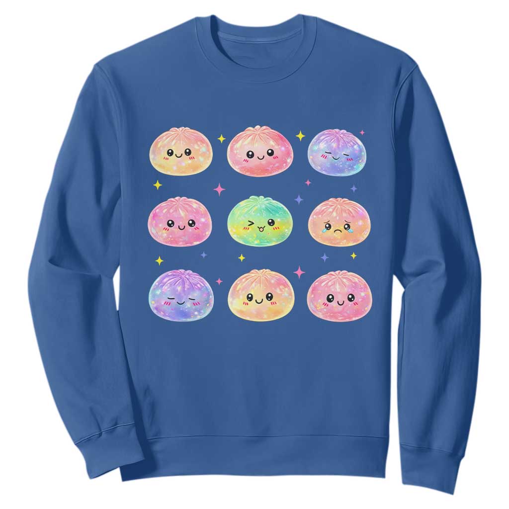 Kawaii Glitter Dumpling Face Grid Graphic Sweatshirt Cute Pastel Bao Emoji Expressions