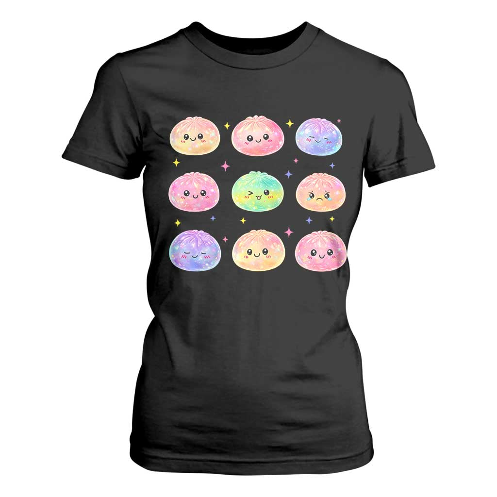 Kawaii Glitter Dumpling Face Grid Graphic T Shirt For Women Cute Pastel Bao Emoji Expressions TS02 Black Print Your Wear