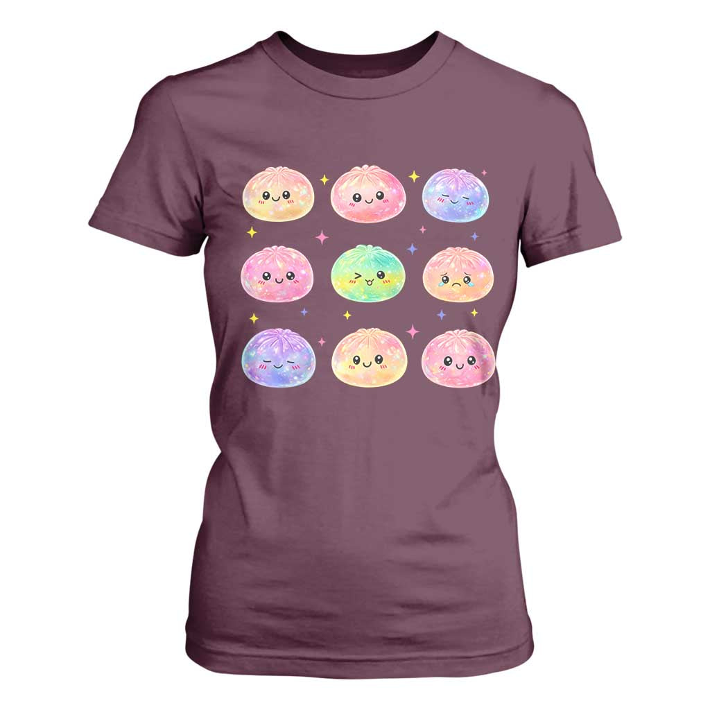 Kawaii Glitter Dumpling Face Grid Graphic T Shirt For Women Cute Pastel Bao Emoji Expressions