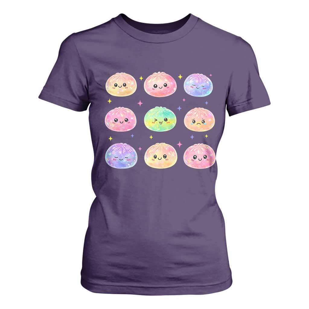Kawaii Glitter Dumpling Face Grid Graphic T Shirt For Women Cute Pastel Bao Emoji Expressions