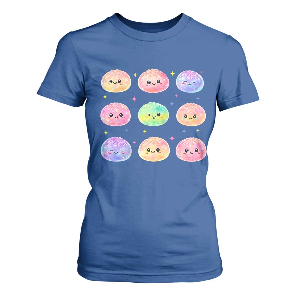Kawaii Glitter Dumpling Face Grid Graphic T Shirt For Women Cute Pastel Bao Emoji Expressions