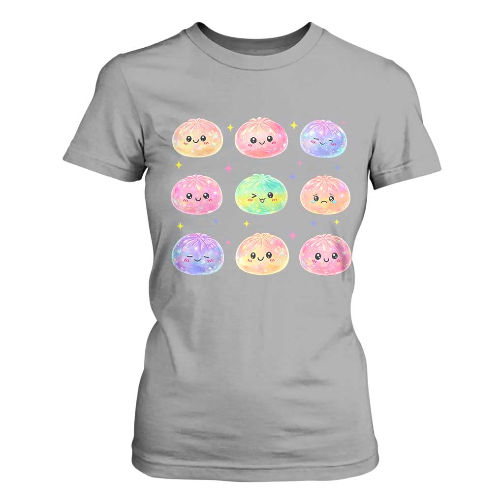 Kawaii Glitter Dumpling Face Grid Graphic T Shirt For Women Cute Pastel Bao Emoji Expressions