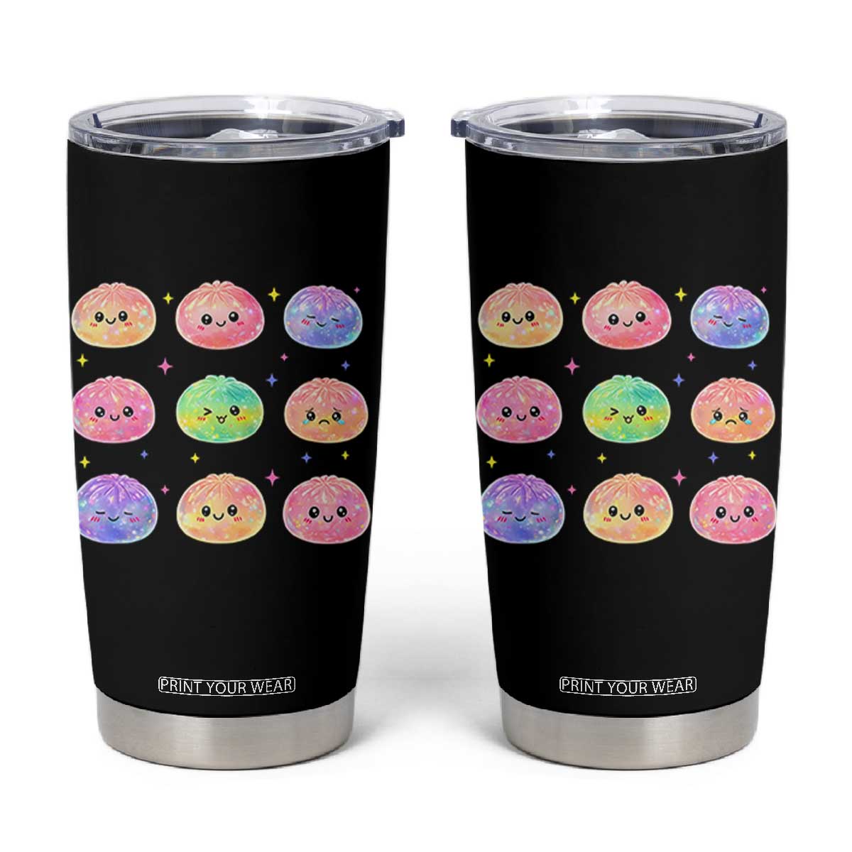 Kawaii Glitter Dumpling Face Grid Graphic Tumbler Cup Cute Pastel Bao Emoji Expressions TS02 Black Print Your Wear