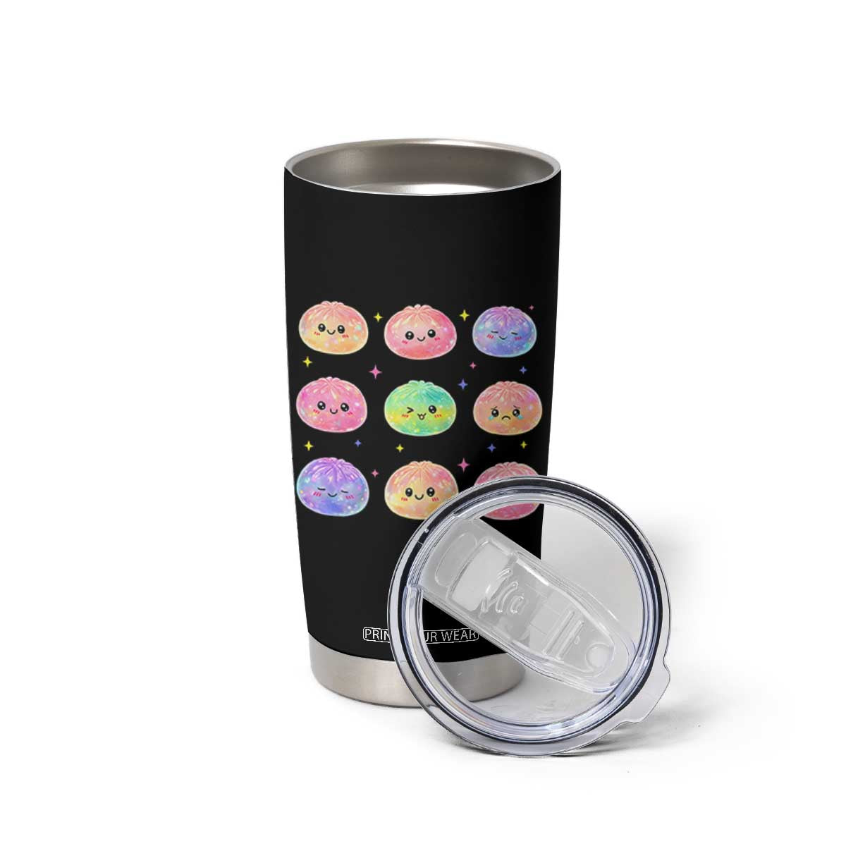 Kawaii Glitter Dumpling Face Grid Graphic Tumbler Cup Cute Pastel Bao Emoji Expressions