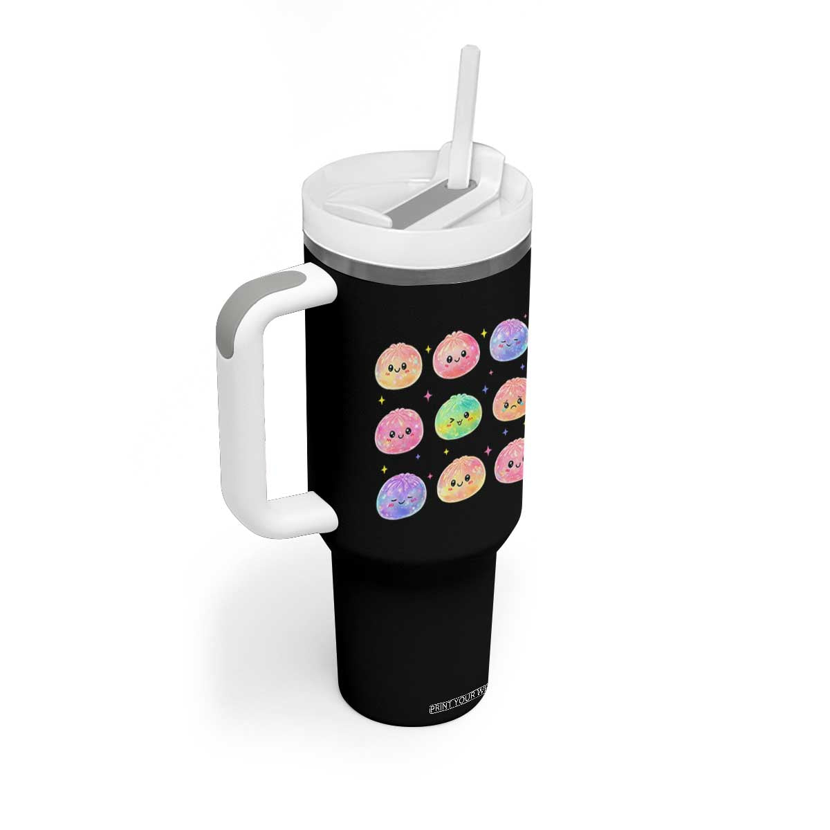 Kawaii Glitter Dumpling Face Grid Graphic Tumbler With Handle Cute Pastel Bao Emoji Expressions
