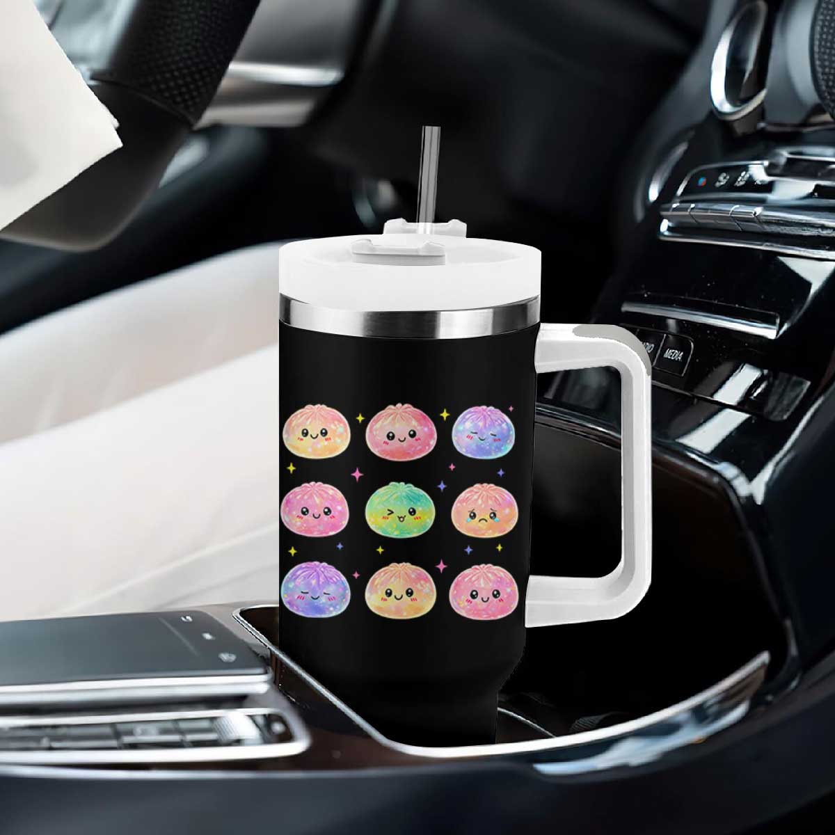 Kawaii Glitter Dumpling Face Grid Graphic Tumbler With Handle Cute Pastel Bao Emoji Expressions