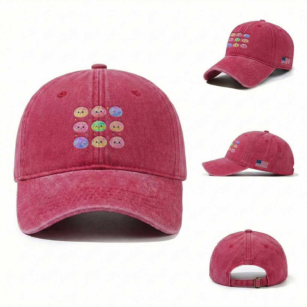 Kawaii Glitter Dumpling Face Grid Graphic Washed Cotton Baseball Cap Cute Pastel Bao Emoji Expressions