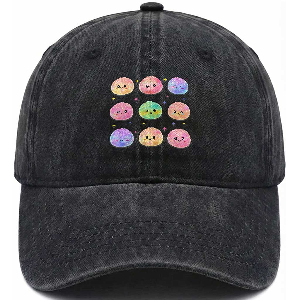 Kawaii Glitter Dumpling Face Grid Graphic Washed Cotton Baseball Cap Cute Pastel Bao Emoji Expressions TS02 Print Your Wear