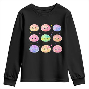 Kawaii Glitter Dumpling Face Grid Graphic Youth Sweatshirt Cute Pastel Bao Emoji Expressions