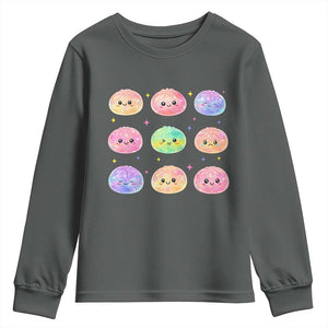 Kawaii Glitter Dumpling Face Grid Graphic Youth Sweatshirt Cute Pastel Bao Emoji Expressions