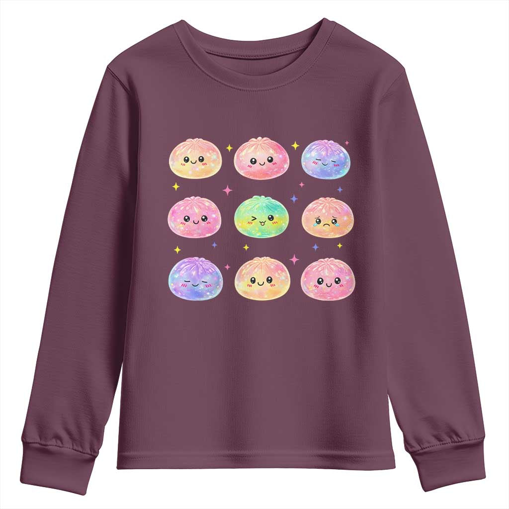 Kawaii Glitter Dumpling Face Grid Graphic Youth Sweatshirt Cute Pastel Bao Emoji Expressions