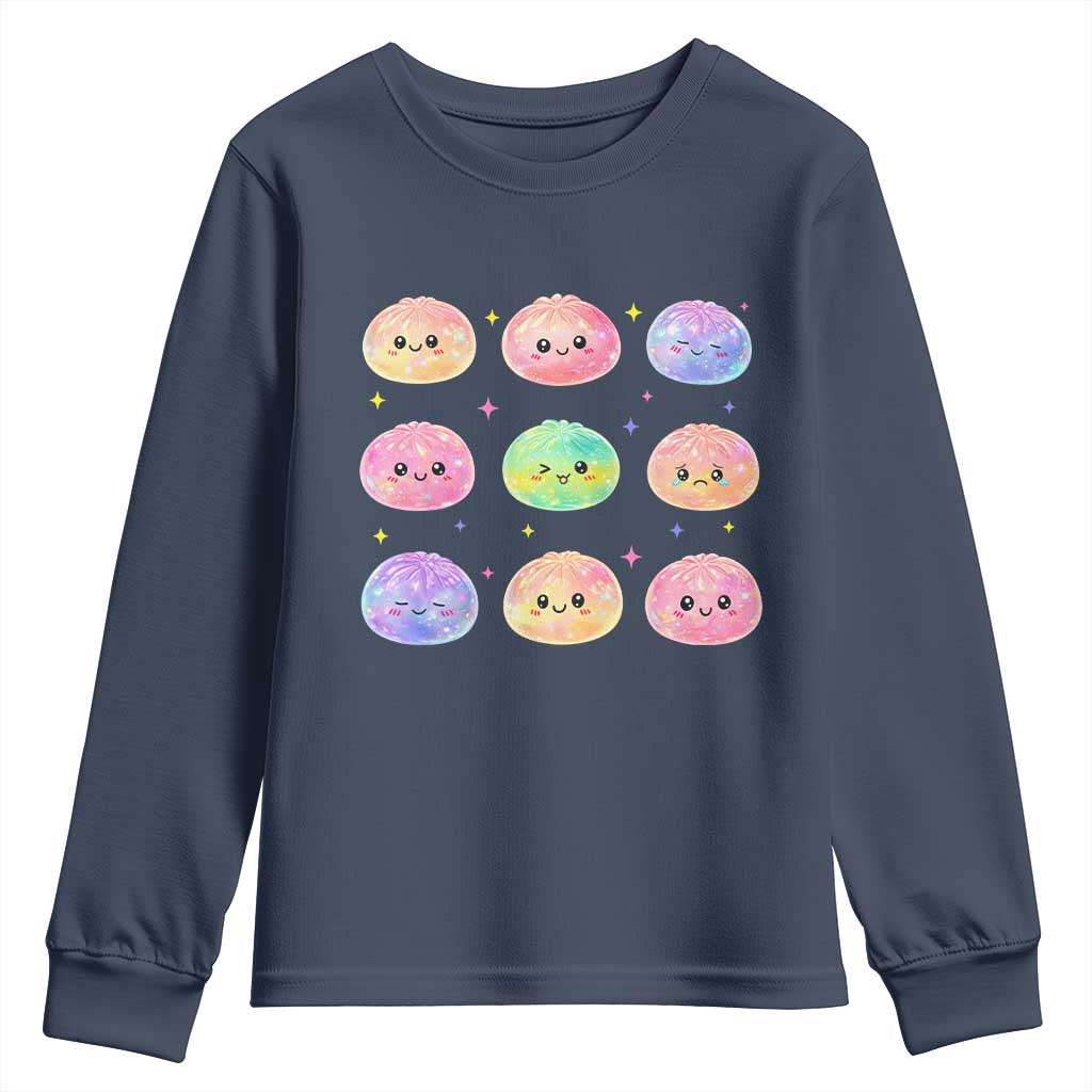 Kawaii Glitter Dumpling Face Grid Graphic Youth Sweatshirt Cute Pastel Bao Emoji Expressions