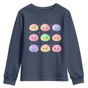 Kawaii Glitter Dumpling Face Grid Graphic Youth Sweatshirt Cute Pastel Bao Emoji Expressions