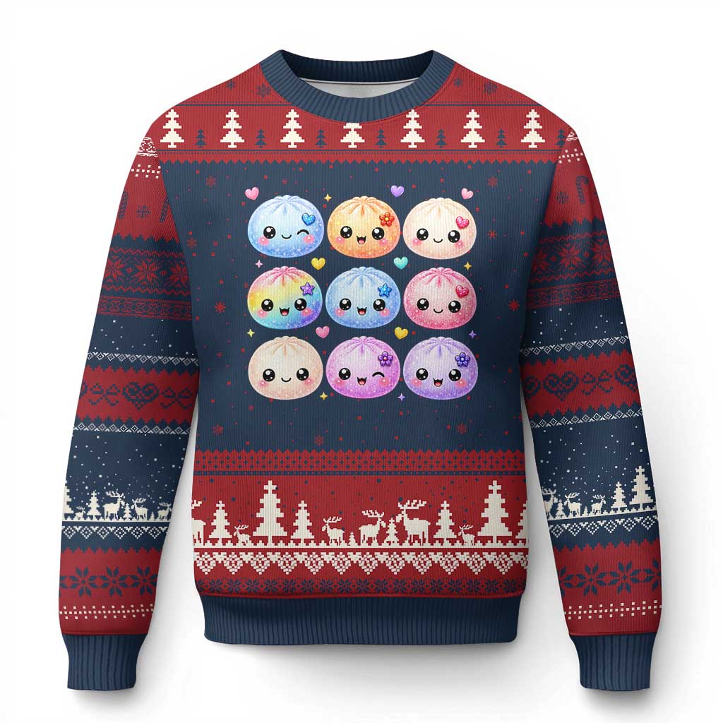 Kawaii Glitter Dumpling Bao Dim Sum Graphic Ugly Christmas Sweater Cute Pastel Foodie Squishy Hearts and Flowers TS02 Navy Red Print Your Wear