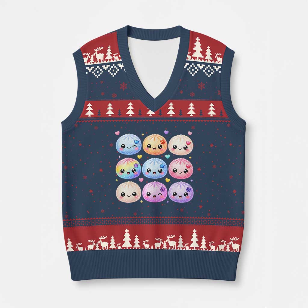 Kawaii Glitter Dumpling Bao Dim Sum Graphic V-Neck Knit Sweater Vest Cute Pastel Foodie Squishy Hearts and Flowers