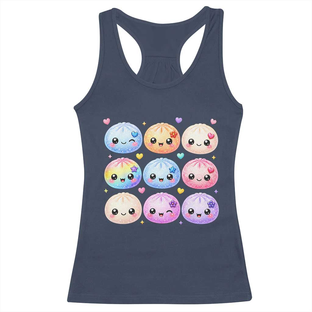 Kawaii Glitter Dumpling Bao Dim Sum Graphic Racerback Tank Top Cute Pastel Foodie Squishy Hearts and Flowers