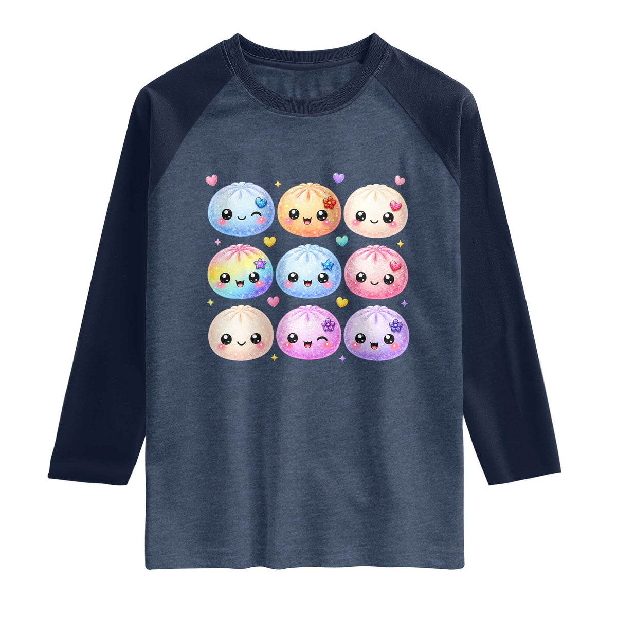 Kawaii Glitter Dumpling Bao Dim Sum Graphic Raglan Shirt Cute Pastel Foodie Squishy Hearts and Flowers