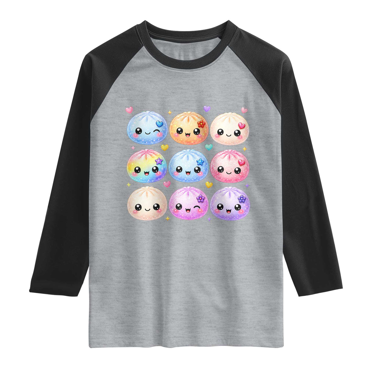Kawaii Glitter Dumpling Bao Dim Sum Graphic Raglan Shirt Cute Pastel Foodie Squishy Hearts and Flowers