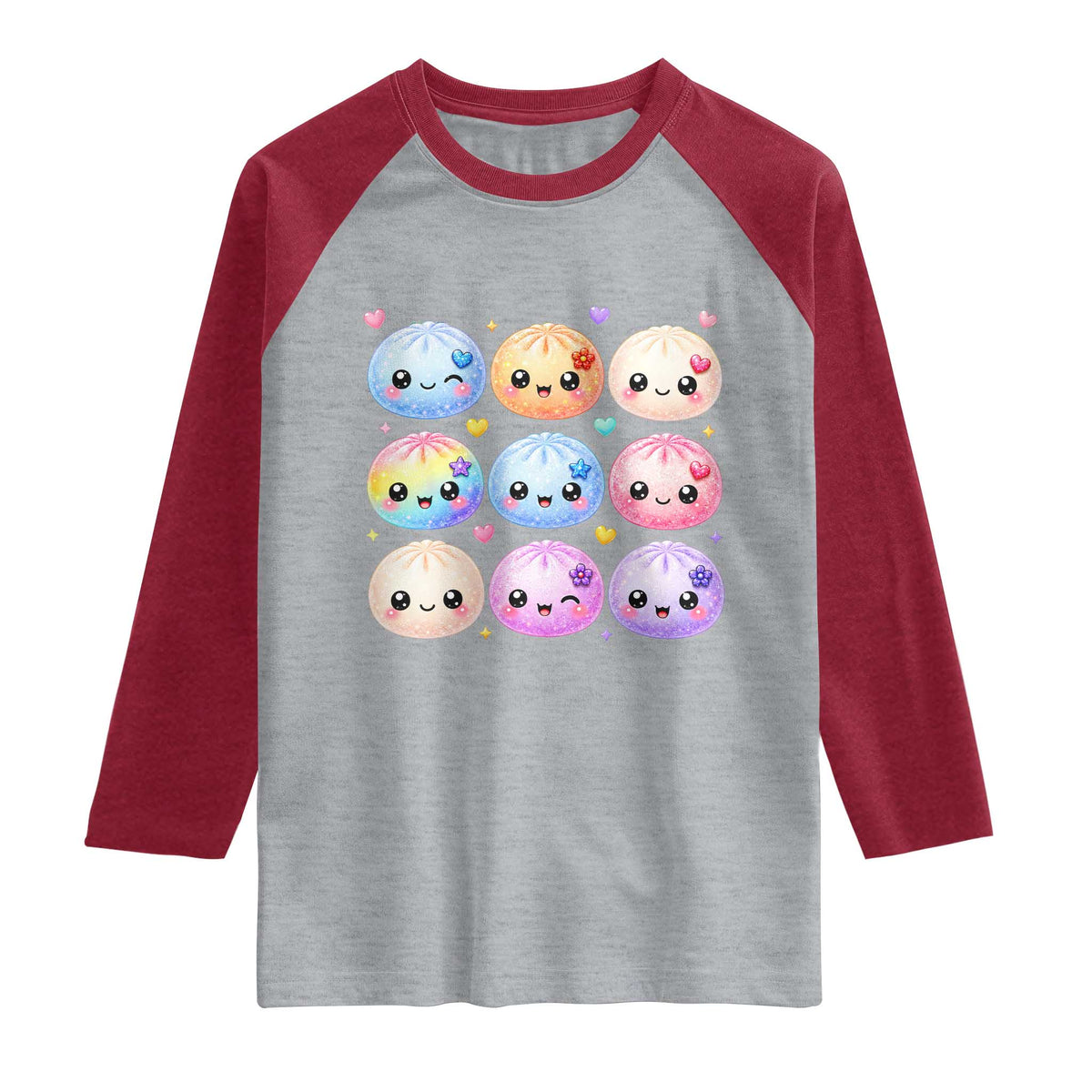 Kawaii Glitter Dumpling Bao Dim Sum Graphic Raglan Shirt Cute Pastel Foodie Squishy Hearts and Flowers