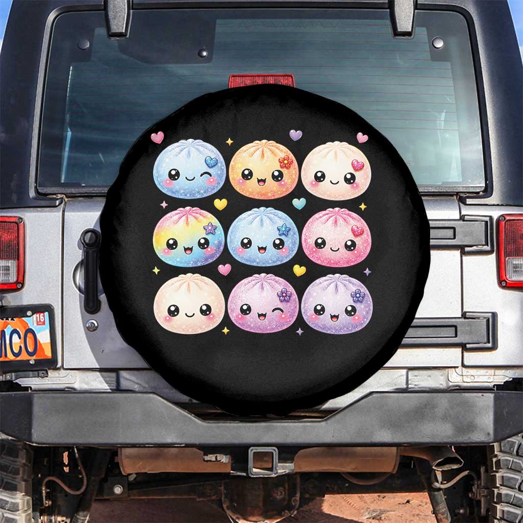 Kawaii Glitter Dumpling Bao Dim Sum Graphic Spare Tire Cover Cute Pastel Foodie Squishy Hearts and Flowers TS02 No hole Black Print Your Wear