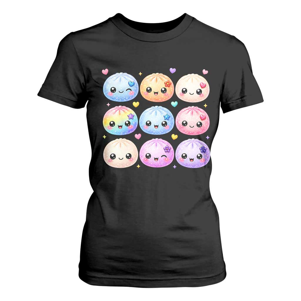 Kawaii Glitter Dumpling Bao Dim Sum Graphic T Shirt For Women Cute Pastel Foodie Squishy Hearts and Flowers TS02 Black Print Your Wear