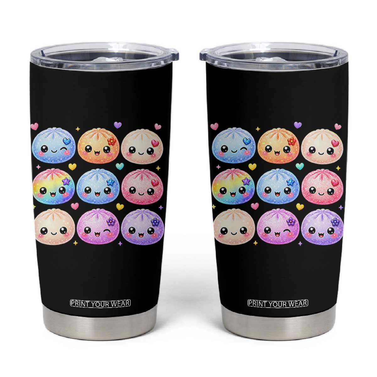 Kawaii Glitter Dumpling Bao Dim Sum Graphic Tumbler Cup Cute Pastel Foodie Squishy Hearts and Flowers