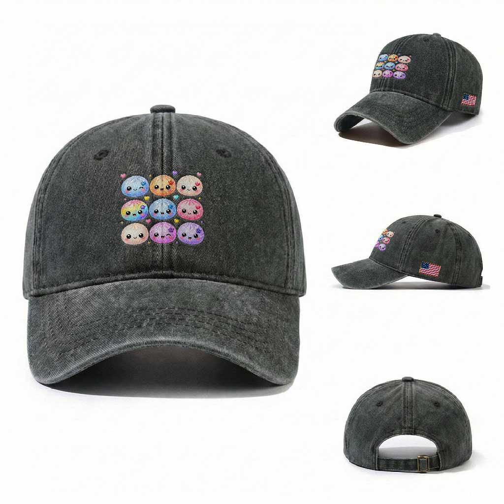 Kawaii Glitter Dumpling Bao Dim Sum Graphic Washed Cotton Baseball Cap Cute Pastel Foodie Squishy Hearts and Flowers