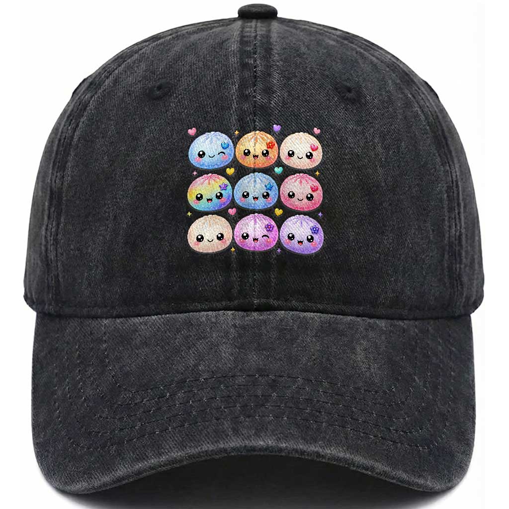 Kawaii Glitter Dumpling Bao Dim Sum Graphic Washed Cotton Baseball Cap Cute Pastel Foodie Squishy Hearts and Flowers TS02 Print Your Wear