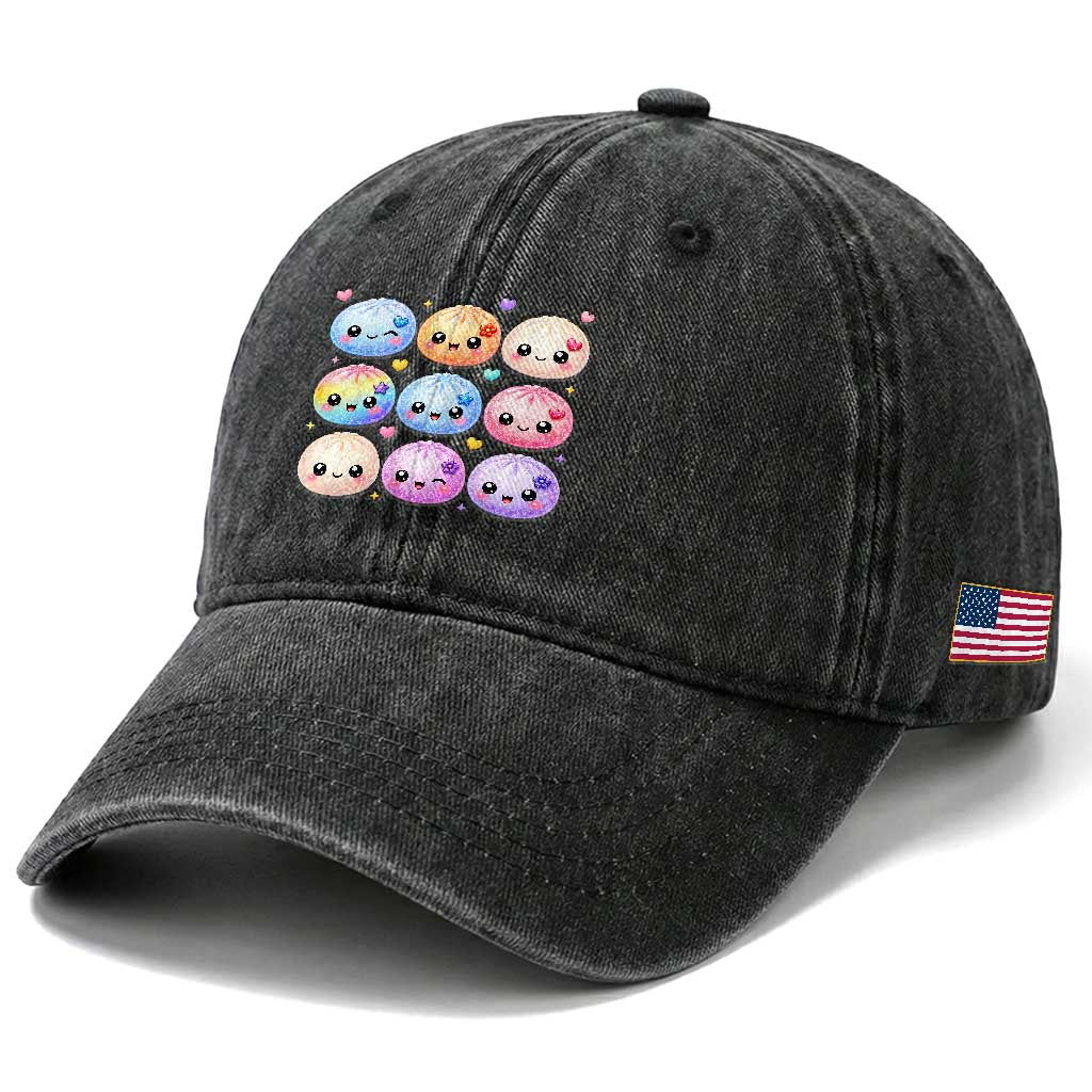 Kawaii Glitter Dumpling Bao Dim Sum Graphic Washed Cotton Baseball Cap Cute Pastel Foodie Squishy Hearts and Flowers