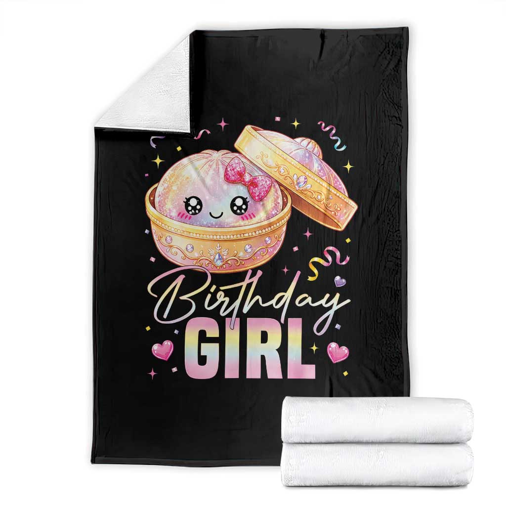 Kawaii Birthday Girl Glitter Dumpling Graphic Throw Blanket Cute Pink Bow Dim Sum Party Gift