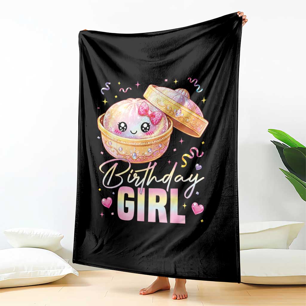 Kawaii Birthday Girl Glitter Dumpling Graphic Throw Blanket Cute Pink Bow Dim Sum Party Gift