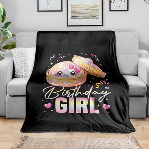 Kawaii Birthday Girl Glitter Dumpling Graphic Throw Blanket Cute Pink Bow Dim Sum Party Gift