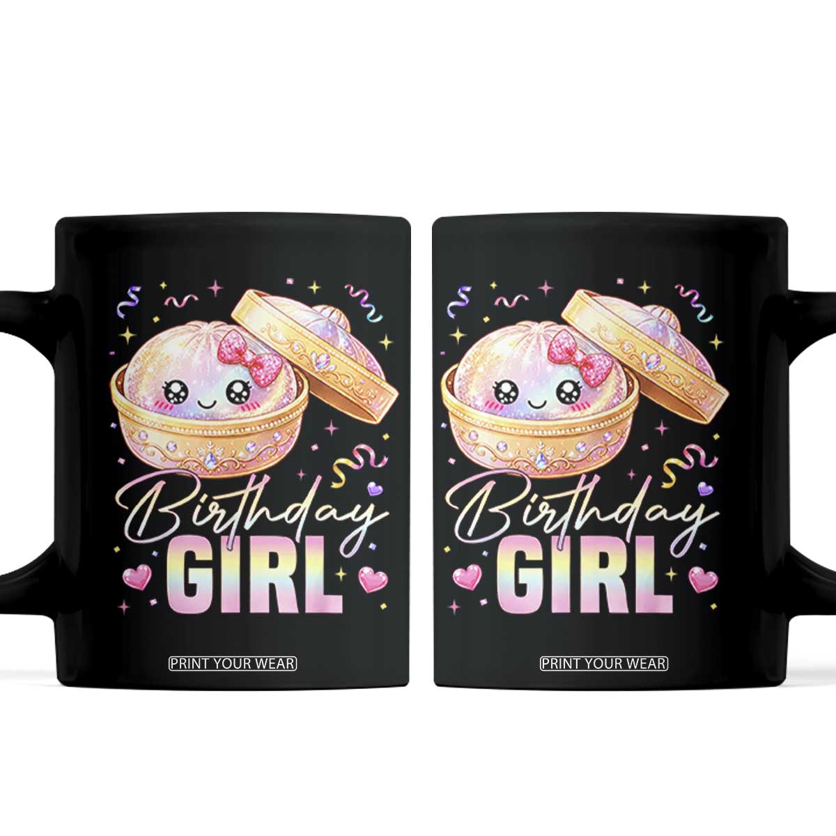 Kawaii Birthday Girl Glitter Dumpling Graphic Coffee Mug Cute Pink Bow Dim Sum Party Gift