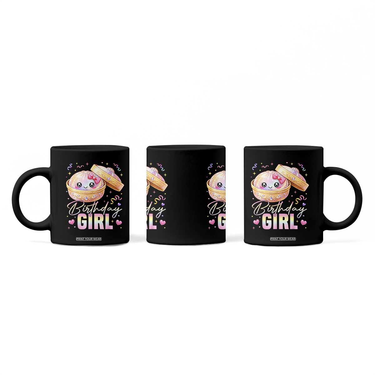 Kawaii Birthday Girl Glitter Dumpling Graphic Coffee Mug Cute Pink Bow Dim Sum Party Gift