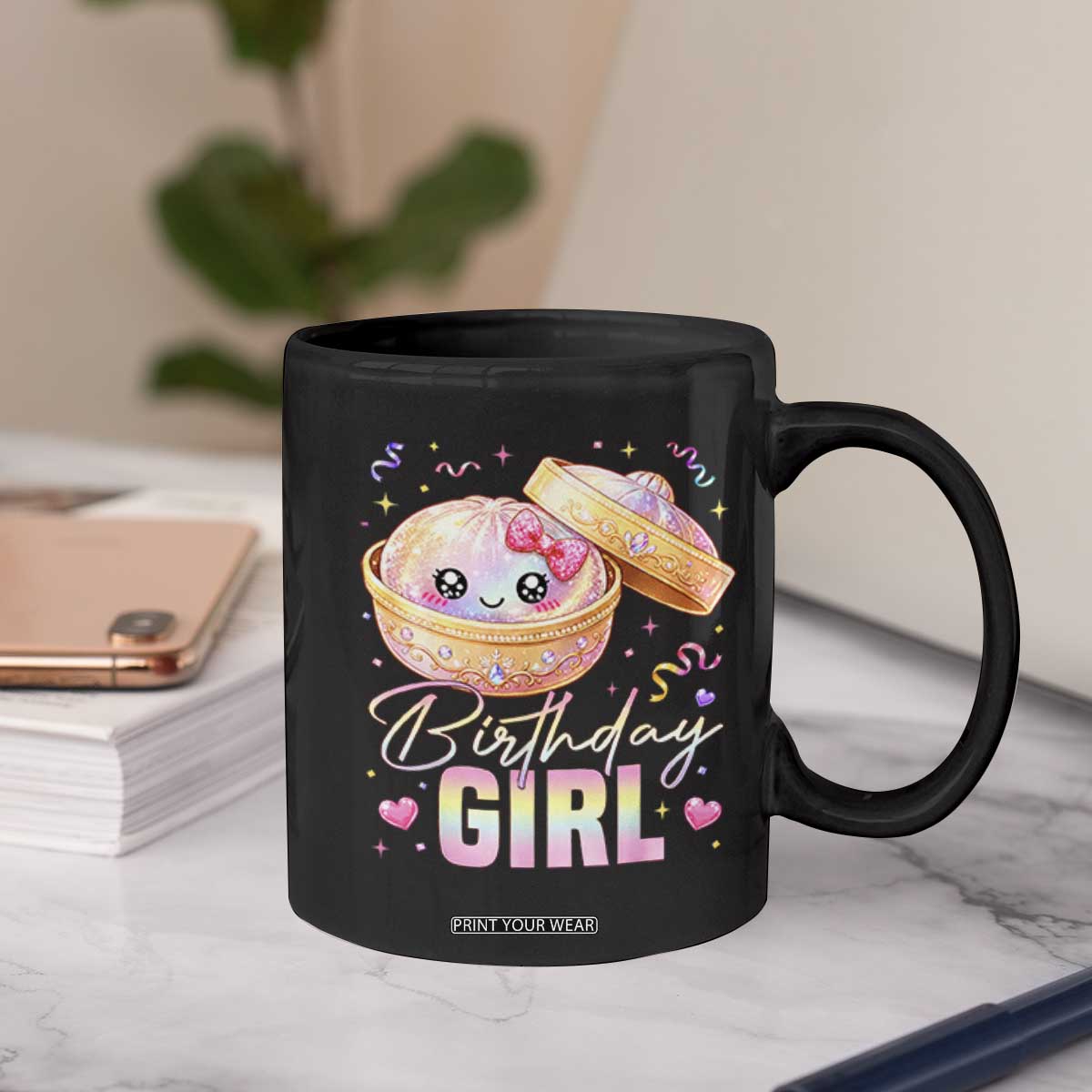 Kawaii Birthday Girl Glitter Dumpling Graphic Coffee Mug Cute Pink Bow Dim Sum Party Gift