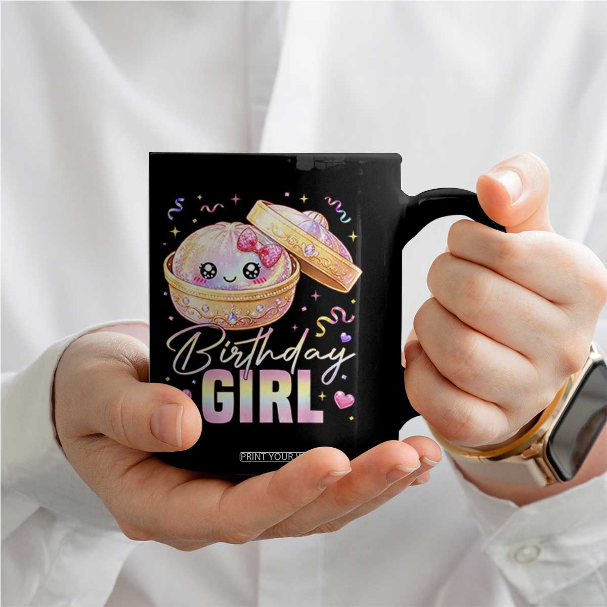Kawaii Birthday Girl Glitter Dumpling Graphic Coffee Mug Cute Pink Bow Dim Sum Party Gift